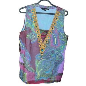 Silk Threads Sleeveless Top with Jeweled Neckline Size Large Sheer/ Fully Lined.